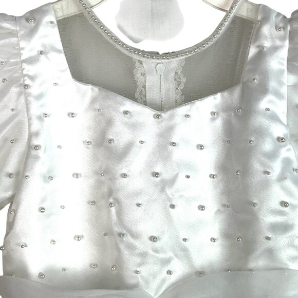 Girls White Flower Girl Communion Dress 6 St. Tropez Puff Sleeves Pearls Pin - Picture 4 of 11